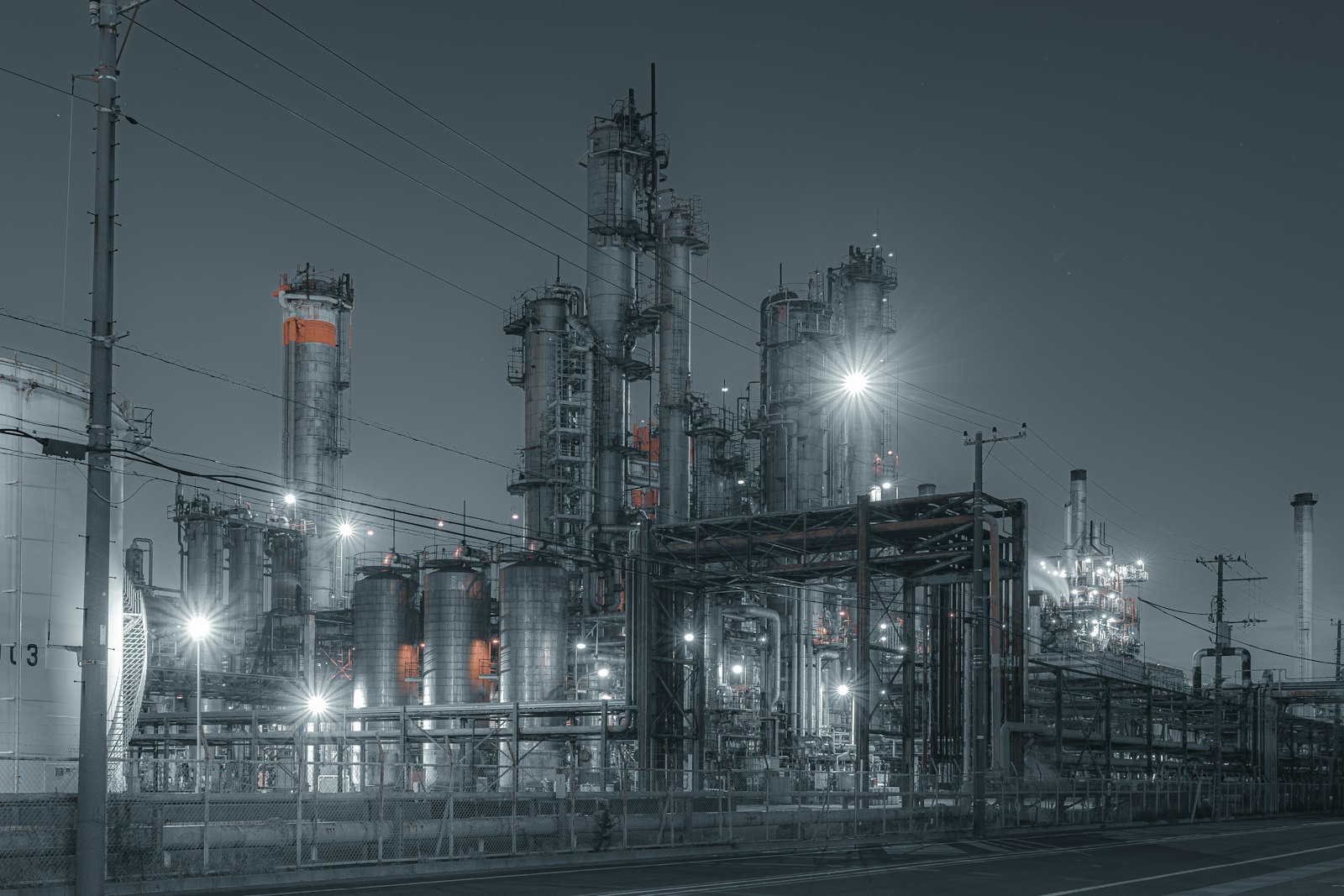 Industrial process plant lit at night